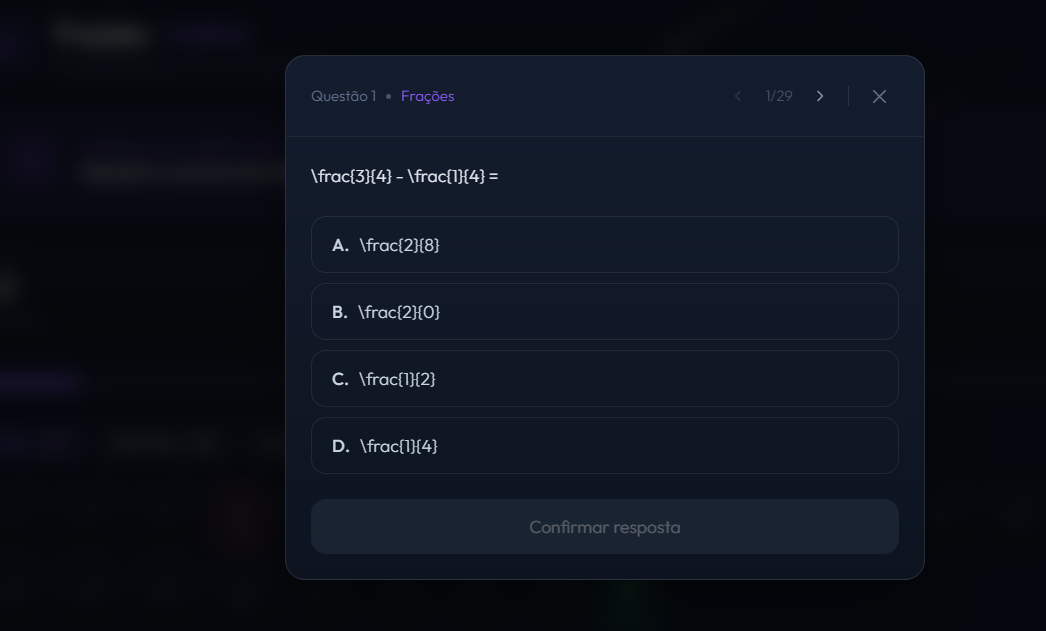 Questão 1 de Frações: enunciado e as quatro alternativas exibem \frac cru, sem renderizar