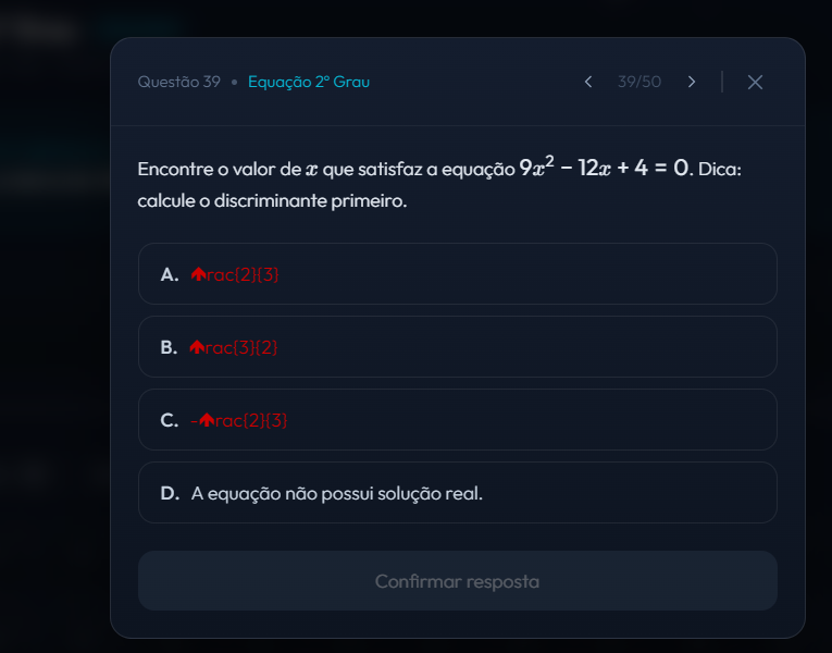 Questão 39: as três alternativas com fórmula aparecem em vermelho como ␌rac{2}{3}; a alternativa D, texto puro, aparece perfeita
